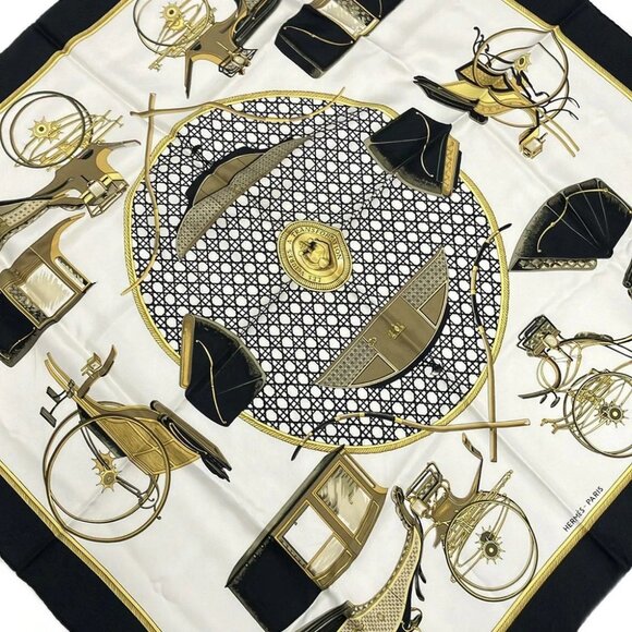 Auth HERMES Carre 90 - White Black Multi Scarf - Picture 1 of 5